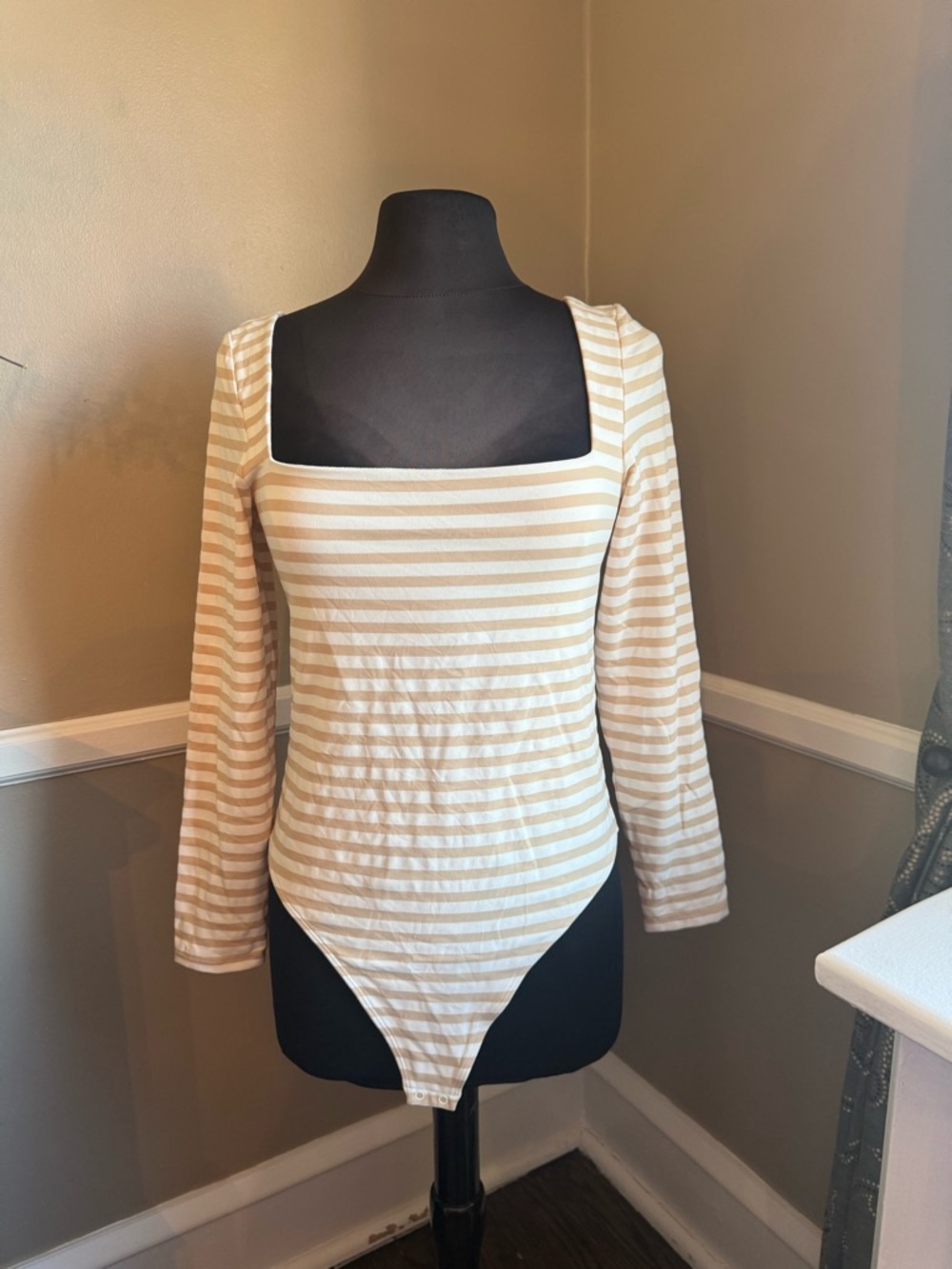 Babaton Striped Square Neck Long Sleeve Bodysuit - Beige & White